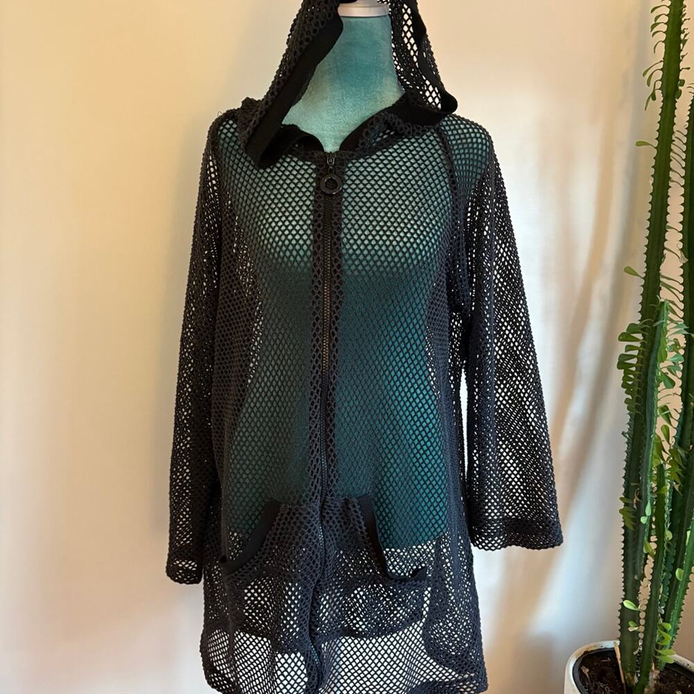 Vintage Black Mesh Fishnet long Hoodie Medium - Cyber Grunge Festival fisherman